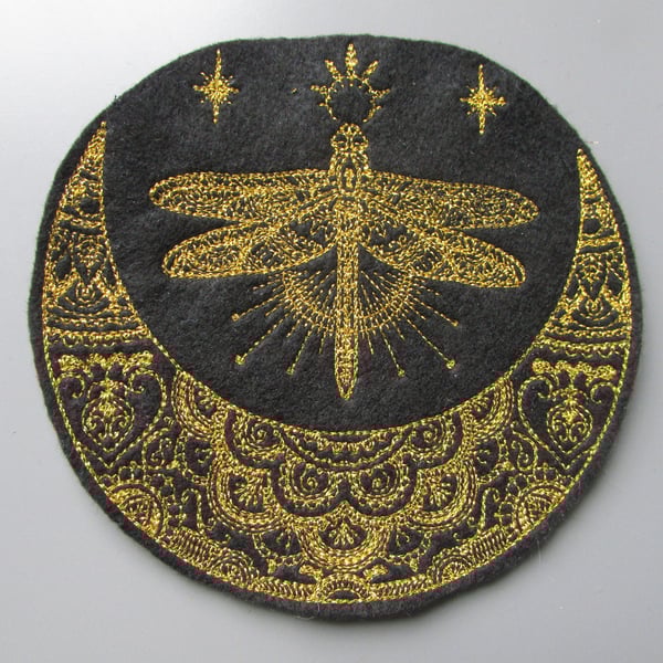 Embroidered Vintage Celestial Moon and Dragonfly Applique Patch