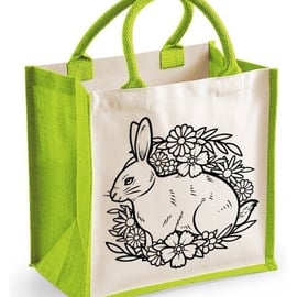 Floral Rabbit Midi Jute Shopper Canvas Lunch Bag Cute Rabbit Gift Animal Flower 