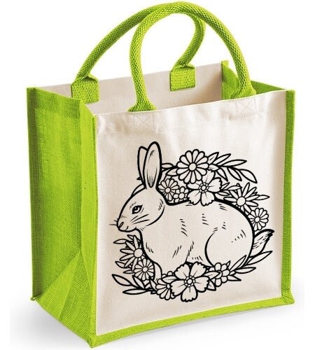 Floral Rabbit Midi Jute Shopper Canvas Lunch Bag Cute Rabbit Gift Animal Flower 
