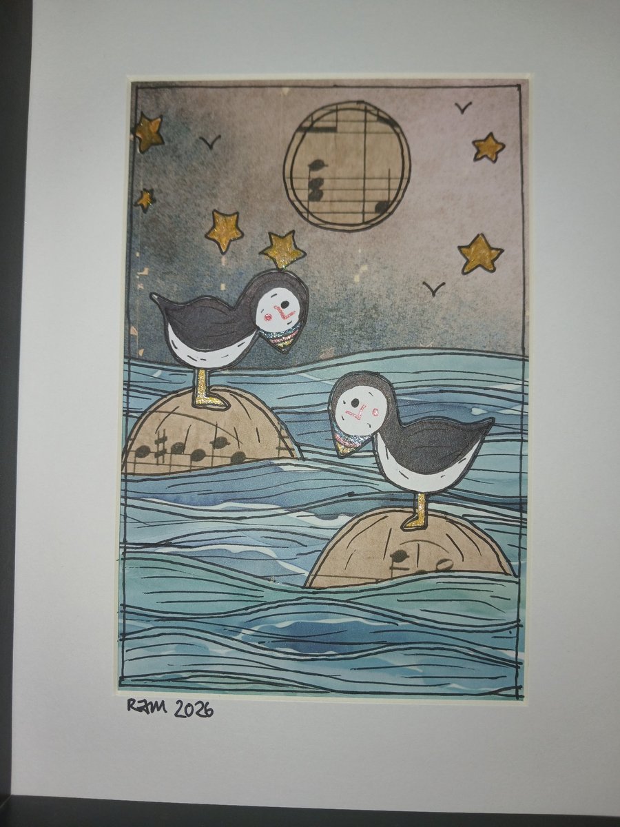 Quirky art, original art, paper art. Coastal picture of two puffins under moon