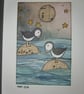 Quirky art, original art, paper art. Coastal picture of two puffins under moon