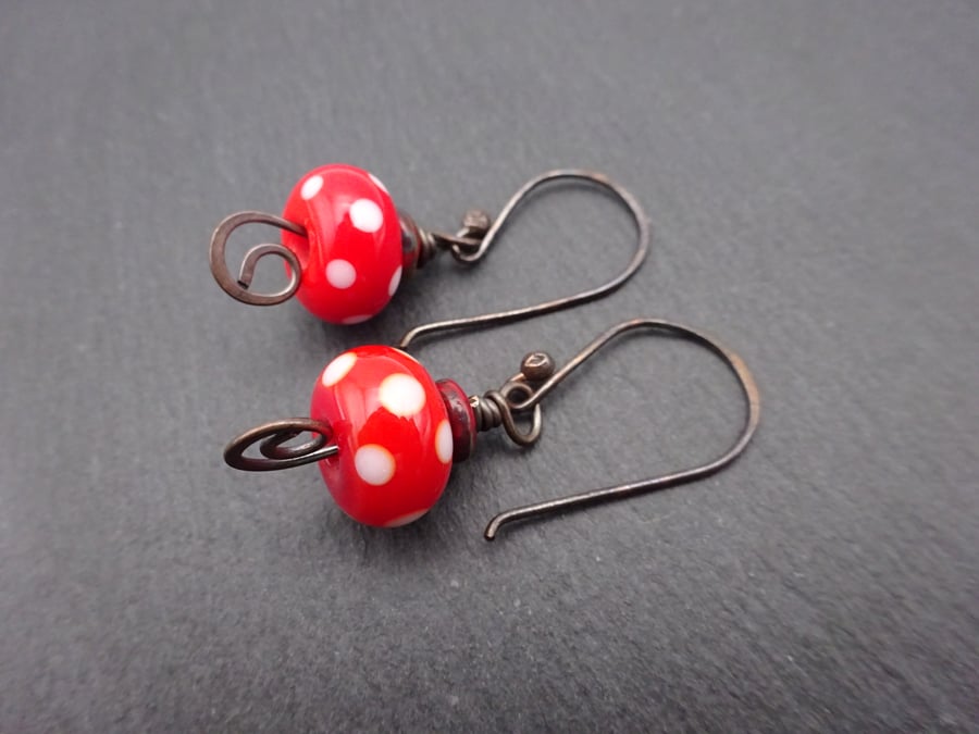 red polka dot lampwork glass earrings, copper jewellery