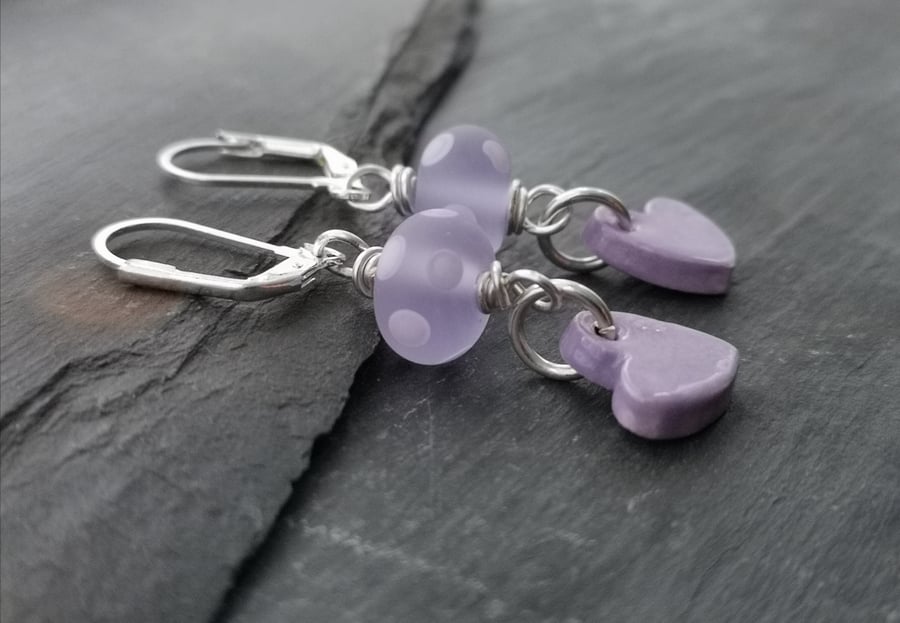SALE Lilac polka dot glass bead and ceramic heart earrings, silver plated 