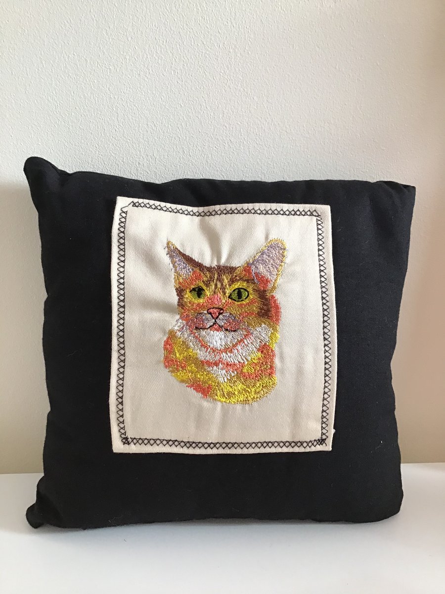 Cat embroidered cushion.