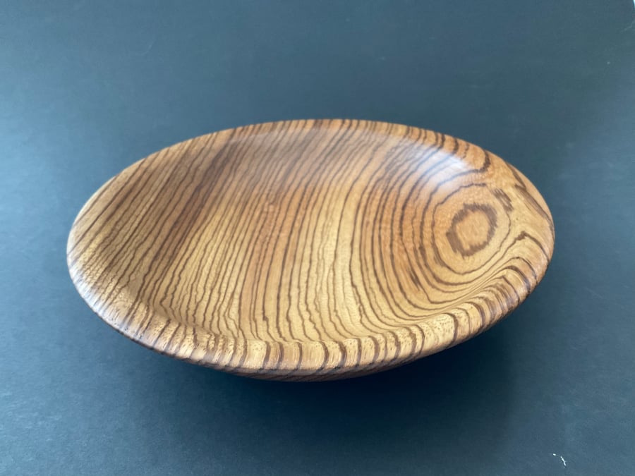 Zebrano hard wood shallow bowl