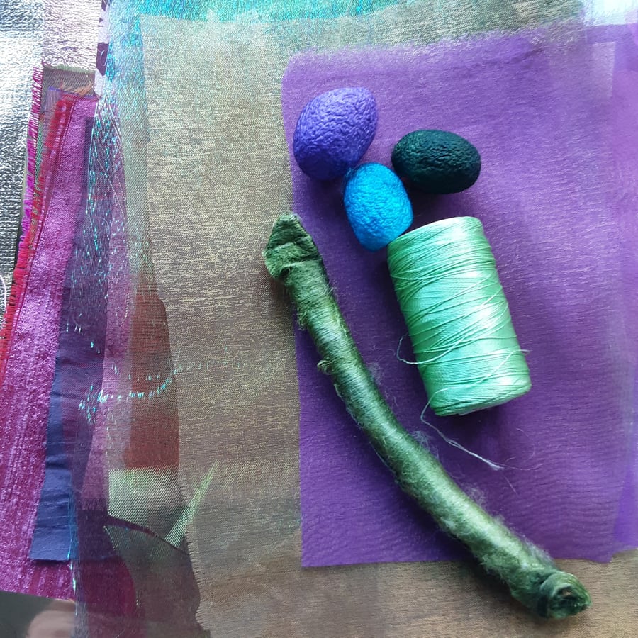 Mindfulness Slow Stitch Pack Hand Dyed cottons, Silk, Organza, Embroidery Thread