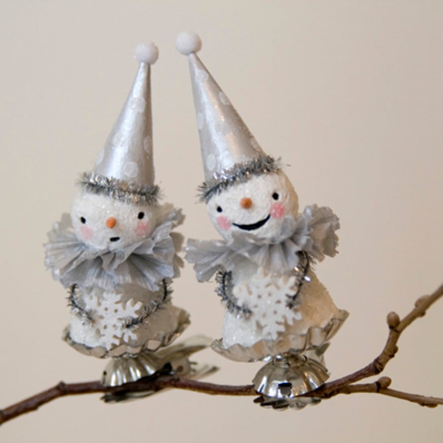 Cute vintage style folk art happy clown snowman clip on Christmas ornament