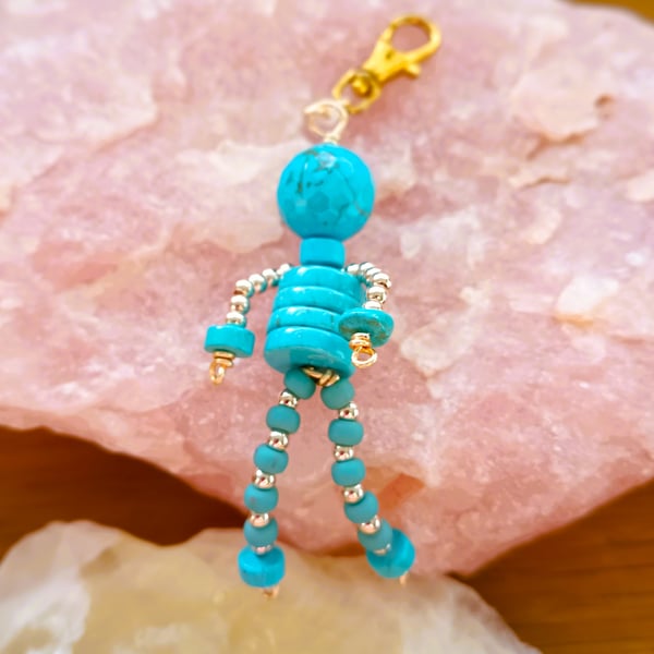 Turquoise Bead Person Bag Charm Keyring,  Zip Pull Charm