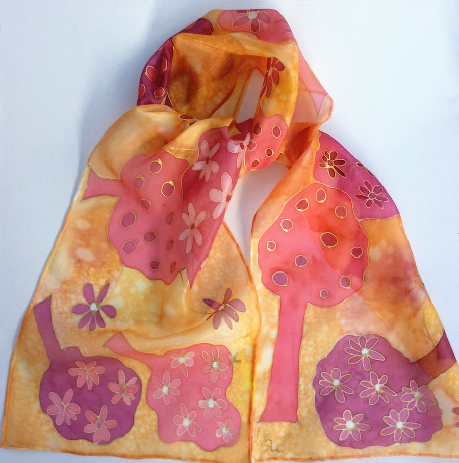 Red Trees  hand painted silk scarf