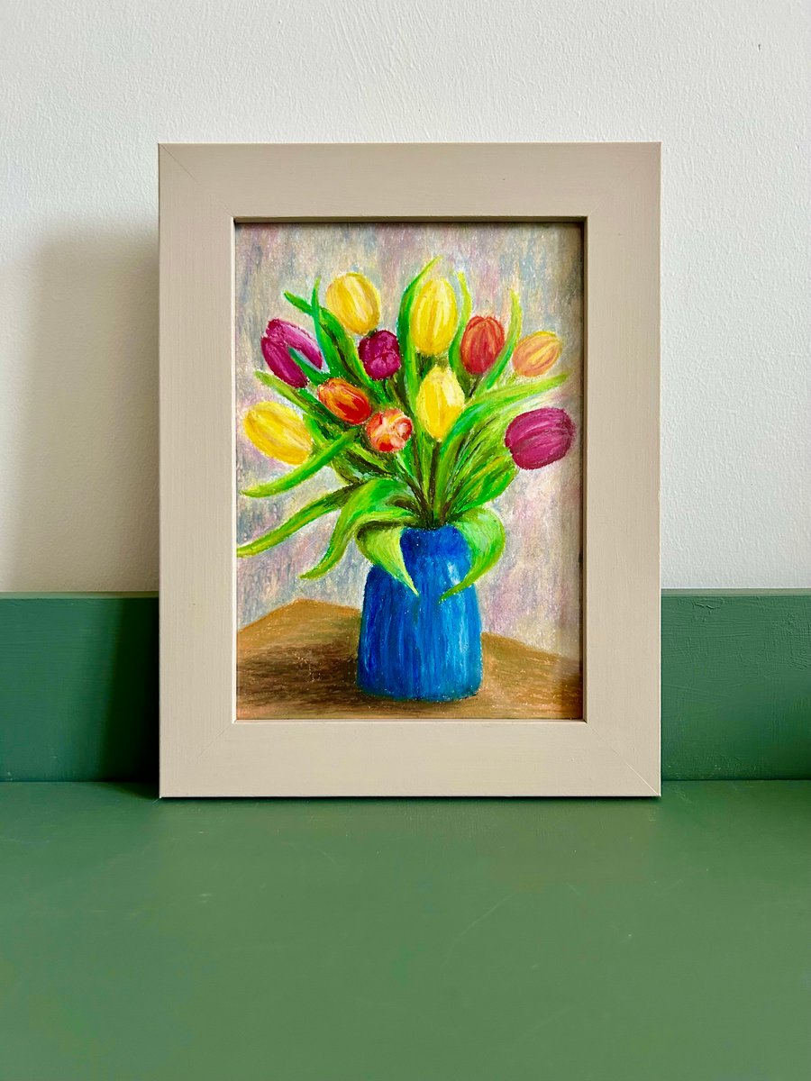 Vase of Tulips Oil Pastel Artwork in Upcycled Wooden Frame