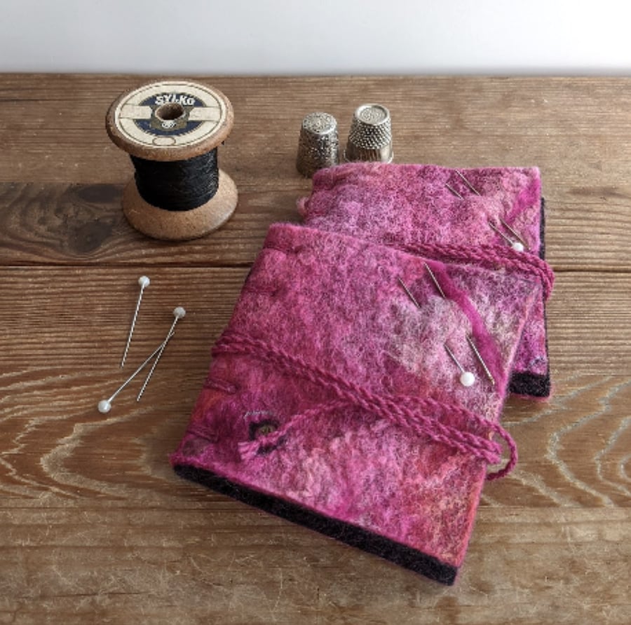 Needle case: felted merino wool in dark pinks