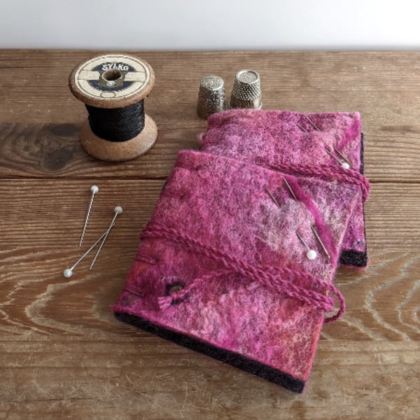 Needle case: felted merino wool in dark pinks