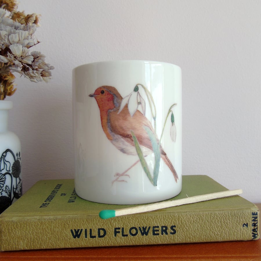 Robin and snowdrops candle holder