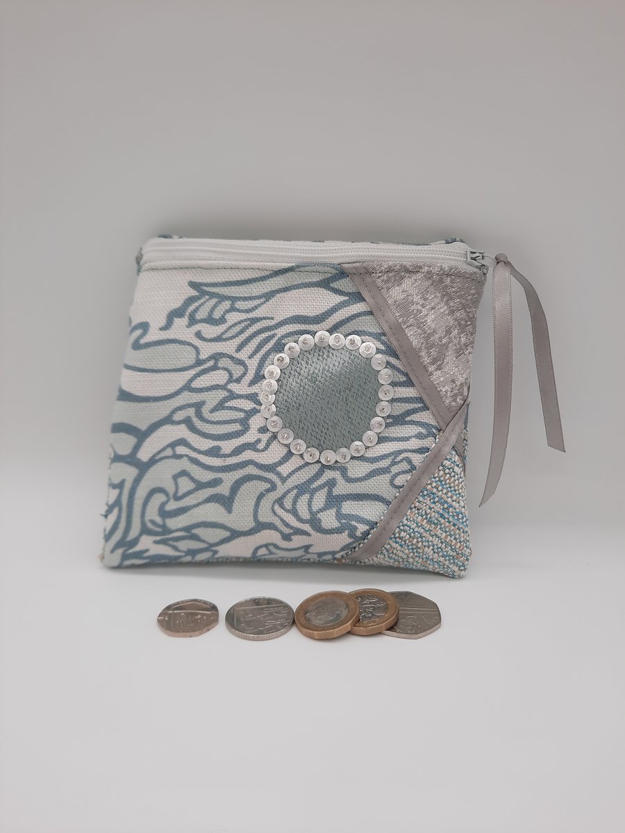 Coin purse patchwork beaded sea green waves. Sale