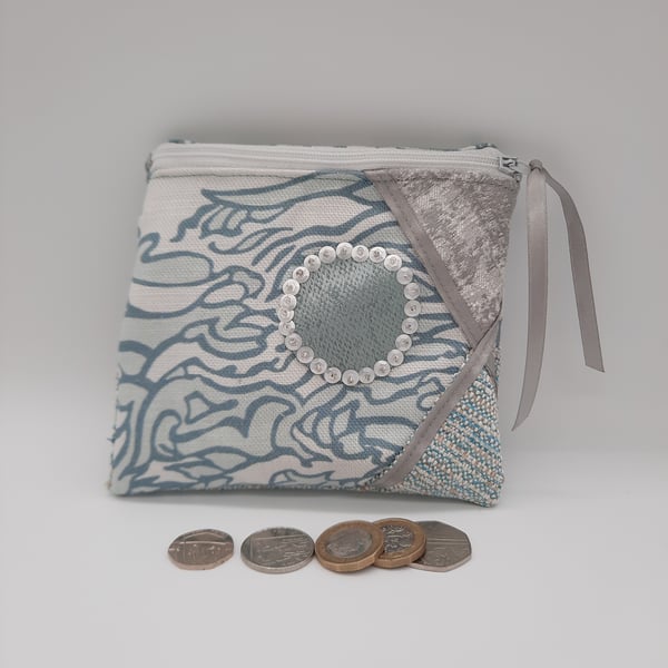 Coin purse patchwork beaded sea green waves. Sale