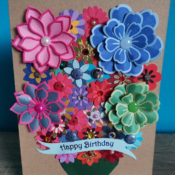 Multicolored luxury handmade flower keepsake greeting card - Happy Birthday - 