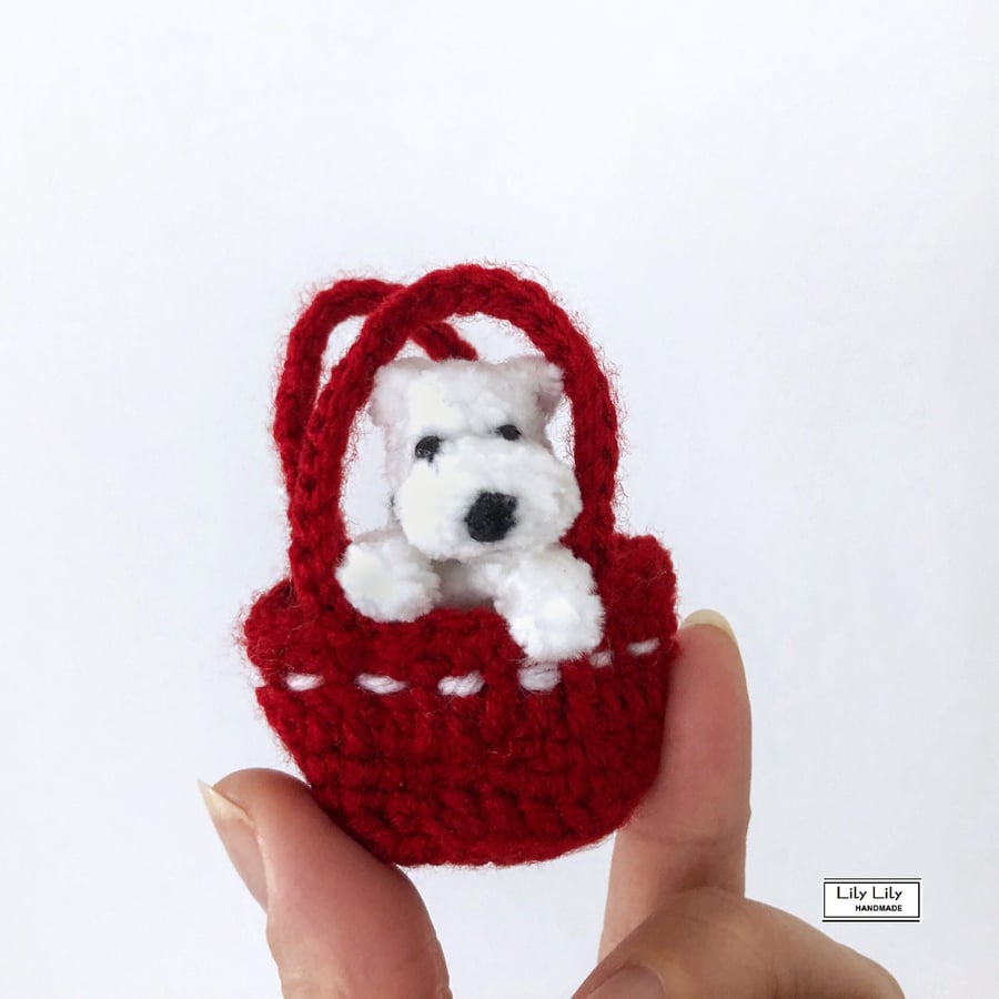 SOLD Buddy, miniature puppy dog in a bag, handmade by Lily Lily Handmade 