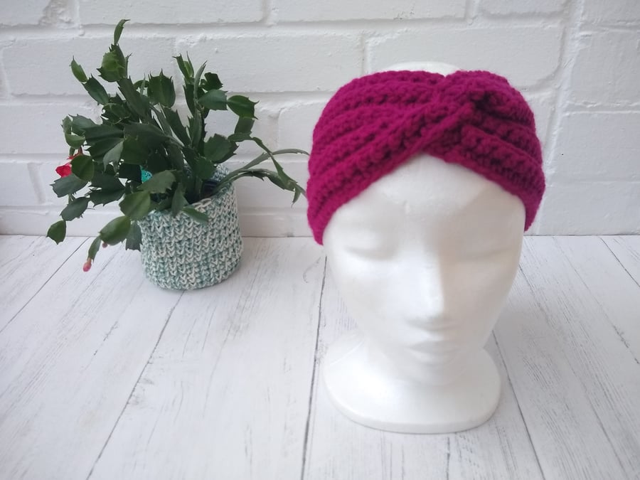 Pink Crocheted Twisted Headband Ear Warmer