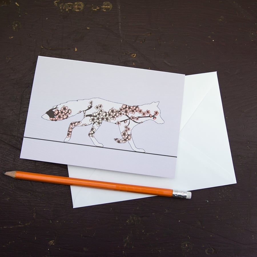 Fox Greetings Card with Cherry Blossom Print