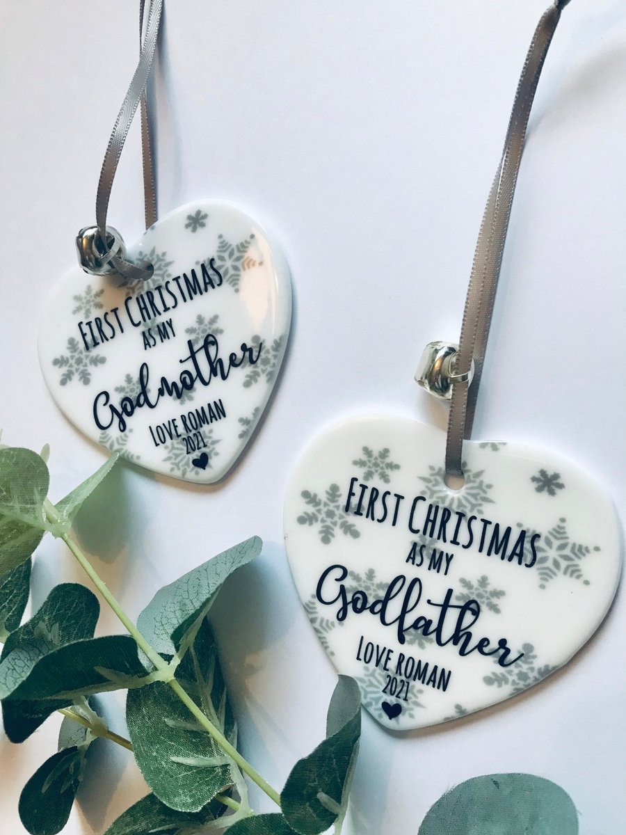 First Christmas as godparents bauble, personalised hanging heart,first xmas 2023