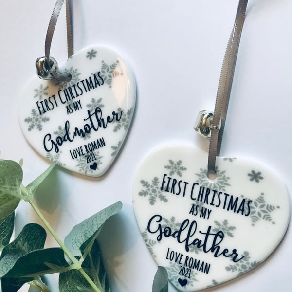 First Christmas as godparents bauble, personalised hanging heart,first xmas 2023