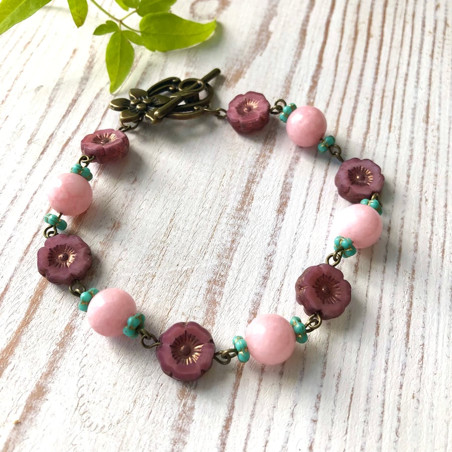 Pink Morganite & Czech Glass Flower Bracelet. Gemstone Floral Boho Beaded 
