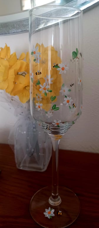 Hand Painted Daisy and Bee Champagne Glass