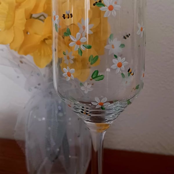 Hand Painted Daisy and Bee Champagne Glass
