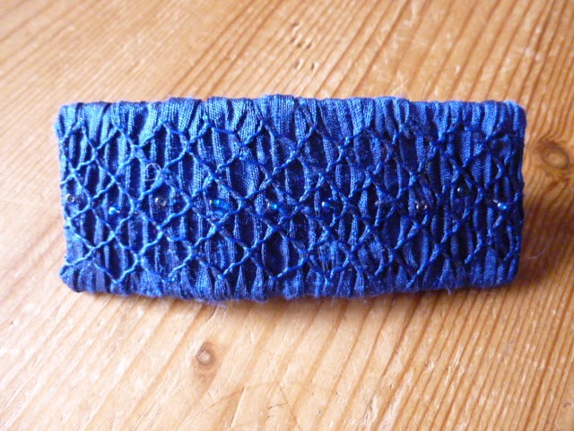 Hand Smocked and Beaded Royal Blue Silk Hair Clip, H13