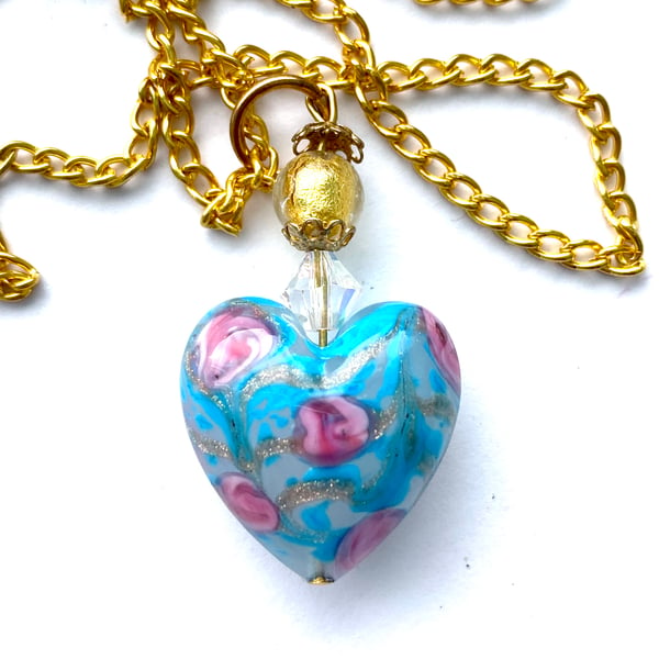  Murano glass blue and pink  heart pendant with Swarovski and sterling silver.