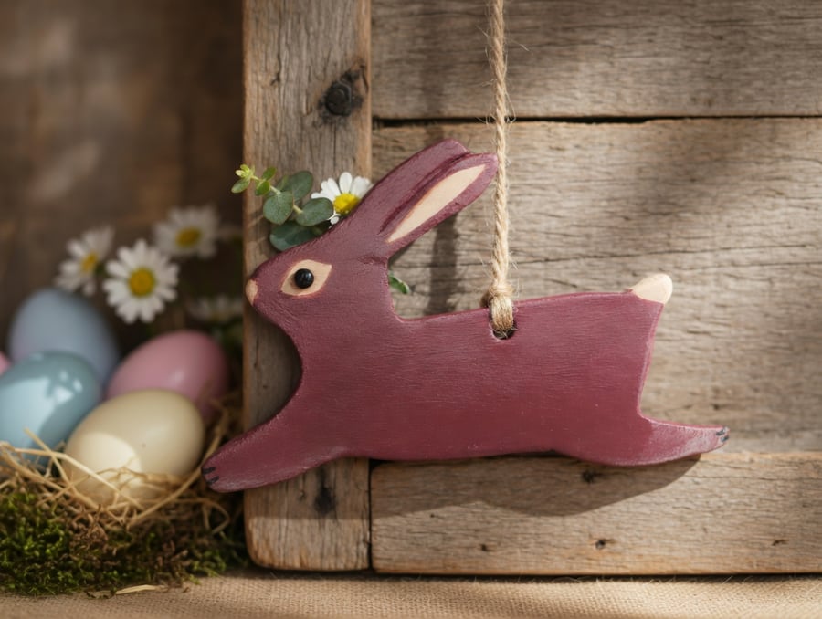 Air Dry Clay Leaping Hare Rabbit Ornament Rustic Handcrafted 