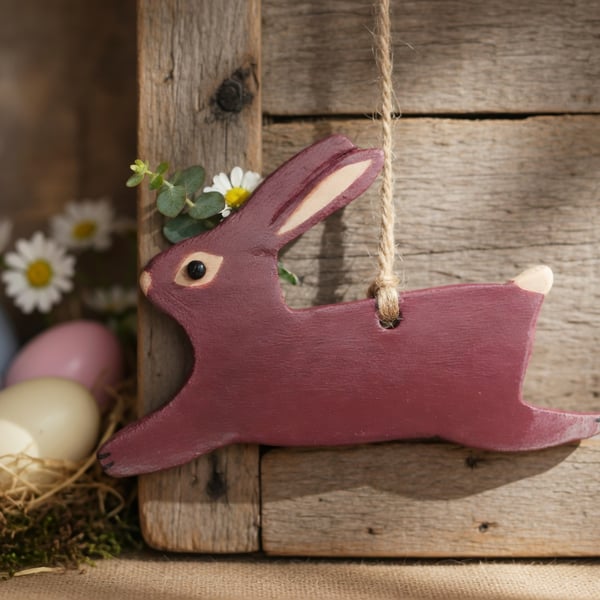 Air Dry Clay Leaping Hare Rabbit Ornament Rustic Handcrafted 