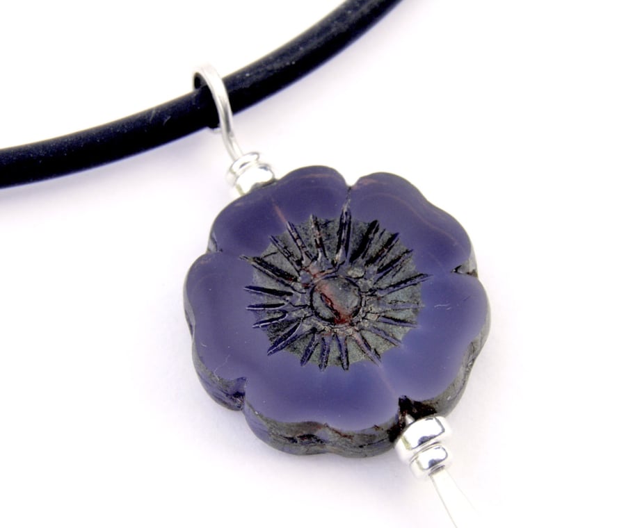 Purple Flower Necklace Sterling Silver & Black Rubber.