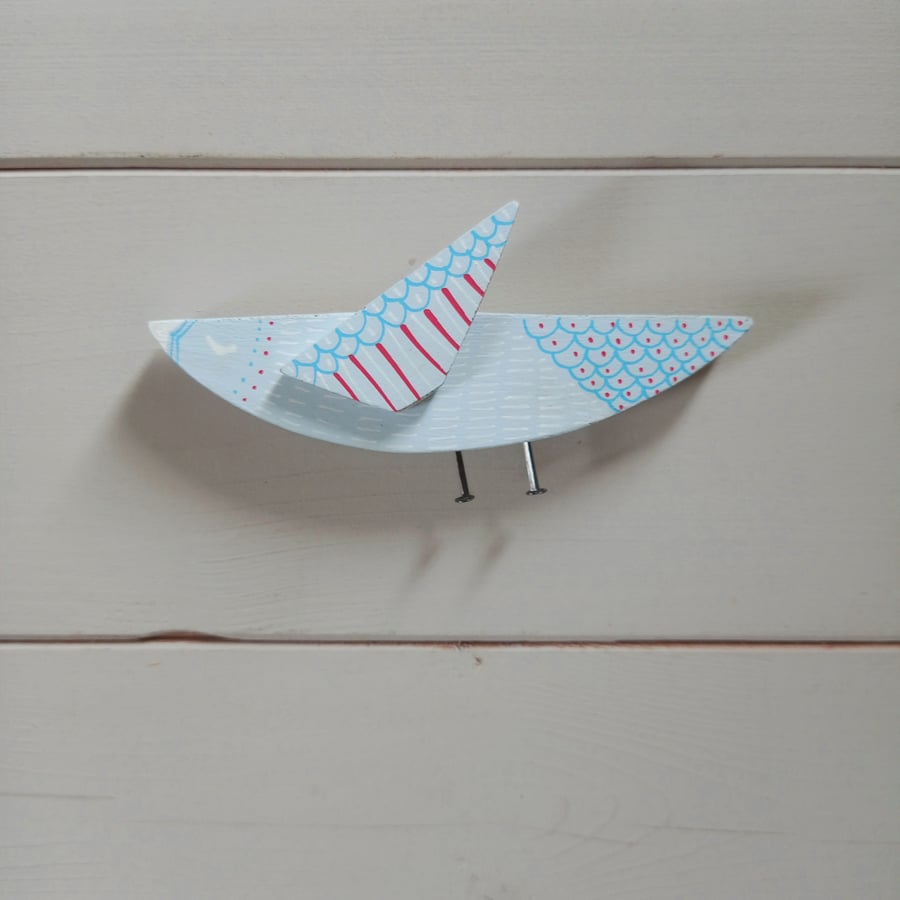 Pale Blue Folky Bird Decoration, Handmade Wooden Bird, Reclaimed Wood, Low Waste