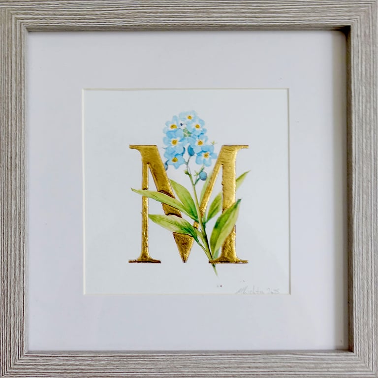 Watercolour Forgetmemots with 24 Carat Gold Leaf M.  Framed original Art.
