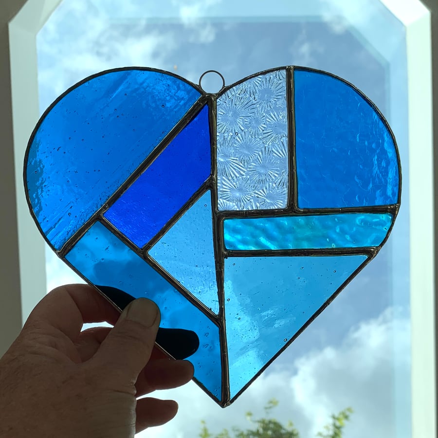 Stained Glass Large Heart Suncatcher - Turquoise and Blue 