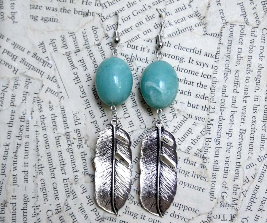 Silver Feather Charm Turquoise Bead Dangle Hook Earrings
