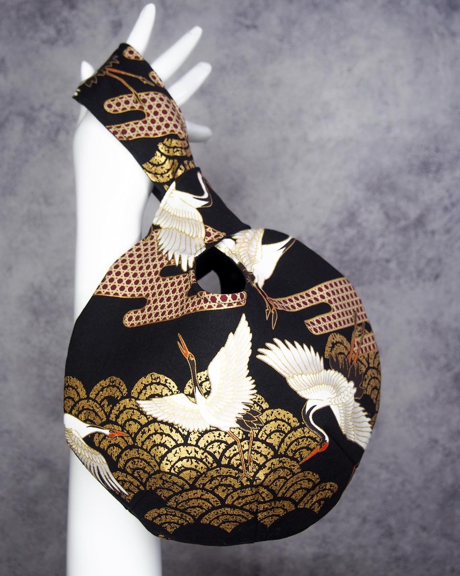 Handmade Black and Gold. Japanese Red Capped Cranes Knot Bag