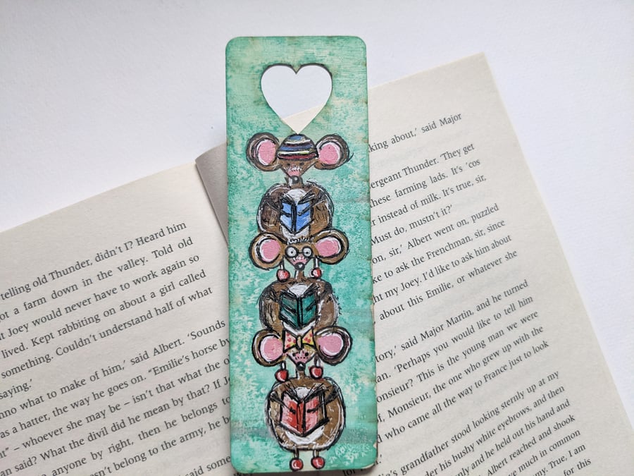 whimsical bookmark, handpainted, wooden bookmark, mice, book lover gift