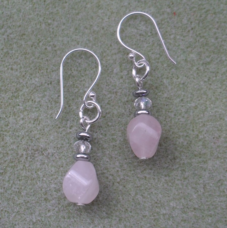 Rose Quartz and Haematite Earrings Silver Plate