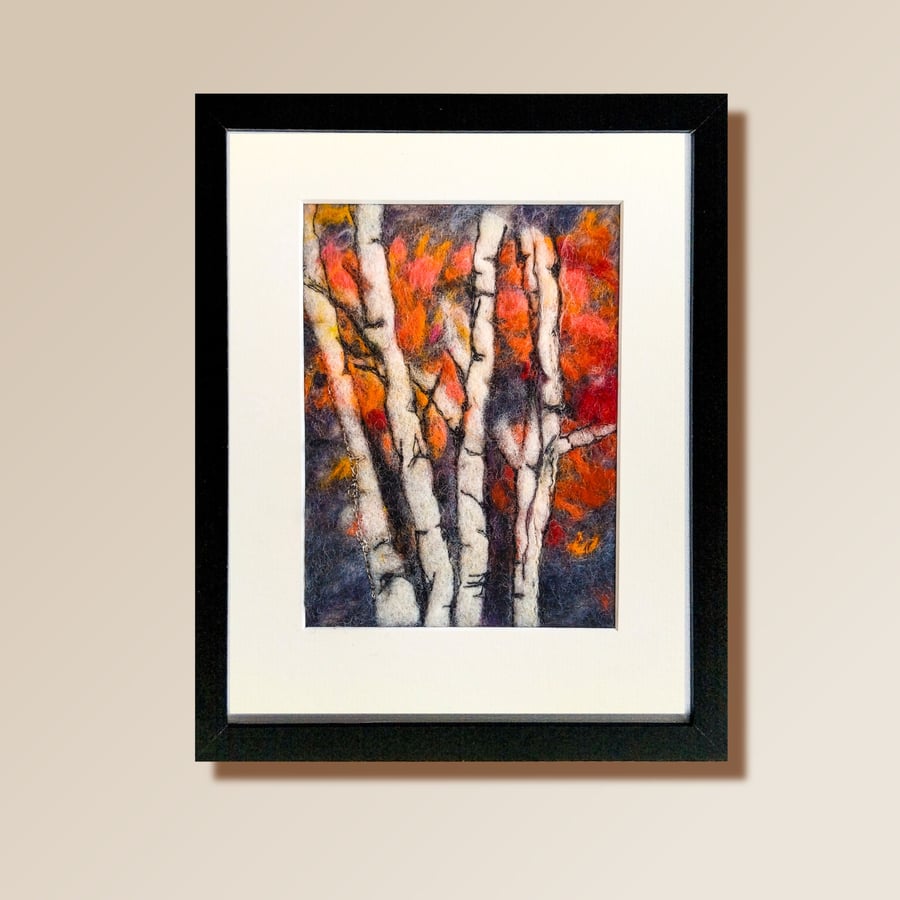 Wool felt and stitch painting, Silver Birch trees at twilight