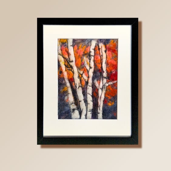 Wool felt and stitch painting, Silver Birch trees at twilight