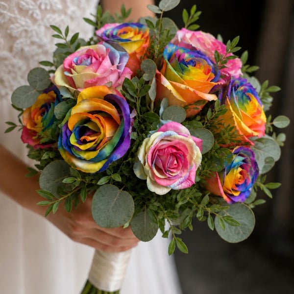 Artificial Rainbow Rose Bridal Bouquet Bright & Pastel Rainbow Roses LGBT Pride
