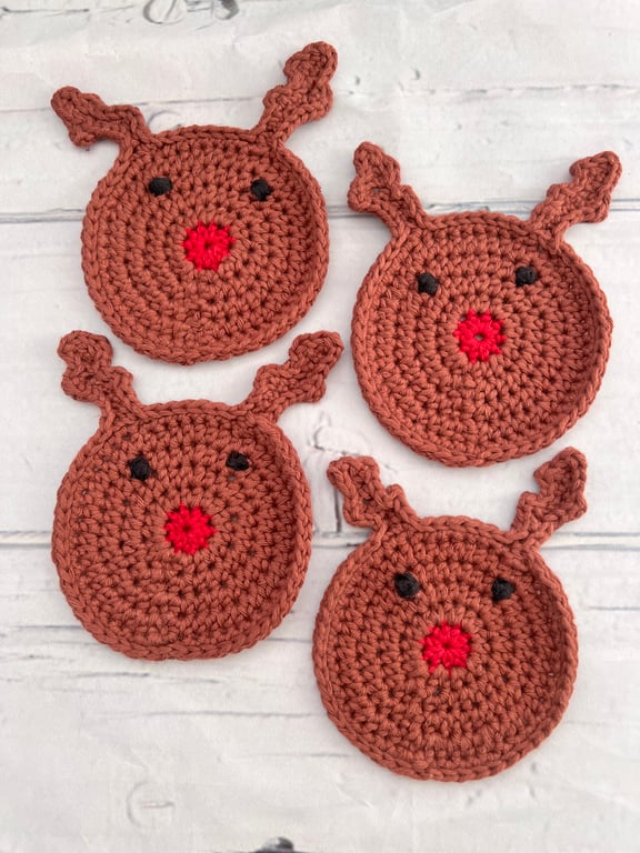 Cute Reindeer Crochet Coasters, Novelty Rudolph Christmas Table Decor