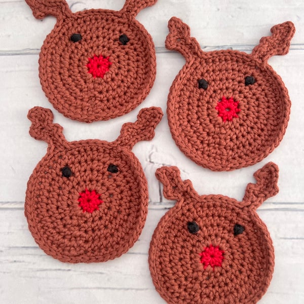 Cute Reindeer Crochet Coasters, Novelty Rudolph Christmas Table Decor
