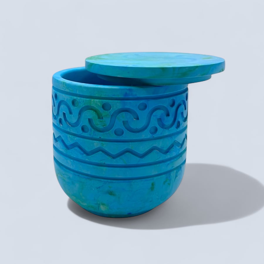 Geometric Pattern Adorned Jewellery Box with a Lid In Seascape Colours 