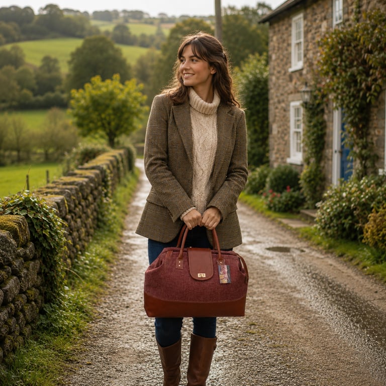 Burnt Orange weekend bag carpet bag british wool tweed & real leather bag