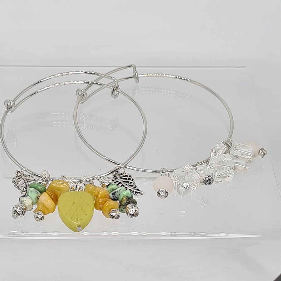 Handmade Gemstone Bangle Set Quartz, Honey Jade, Tibetan Silver