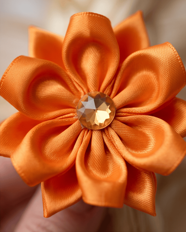 Bright Orange Satin Flower Hair Bobbles - Pair of Handmade Kanzashi Style Ties 