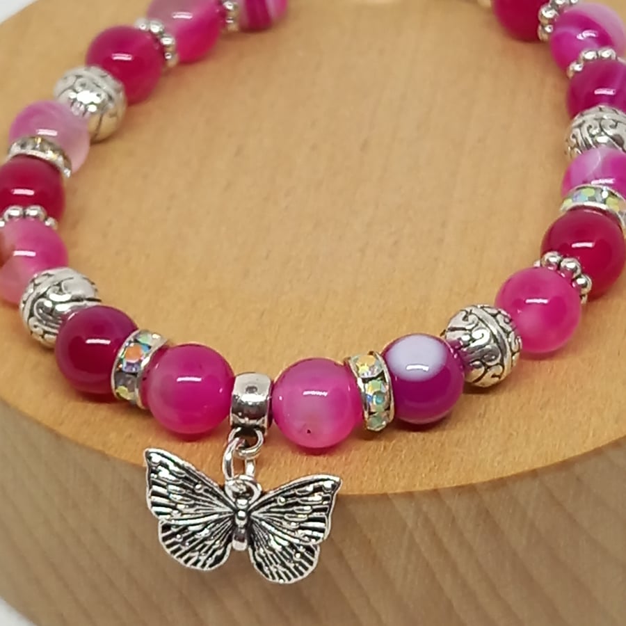 Pink Agate Butterfly Charm Bracelet